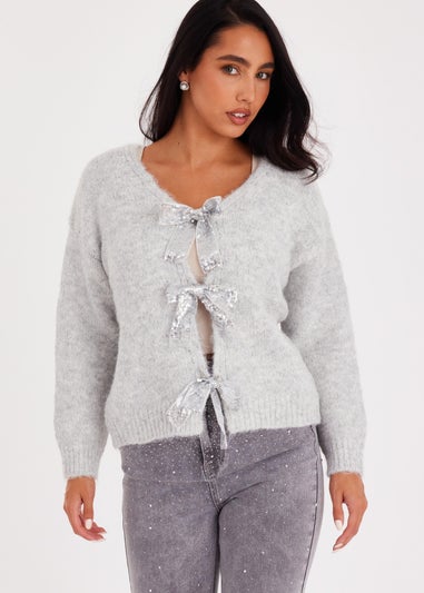 Quiz Grey Sequin Bow Jumper