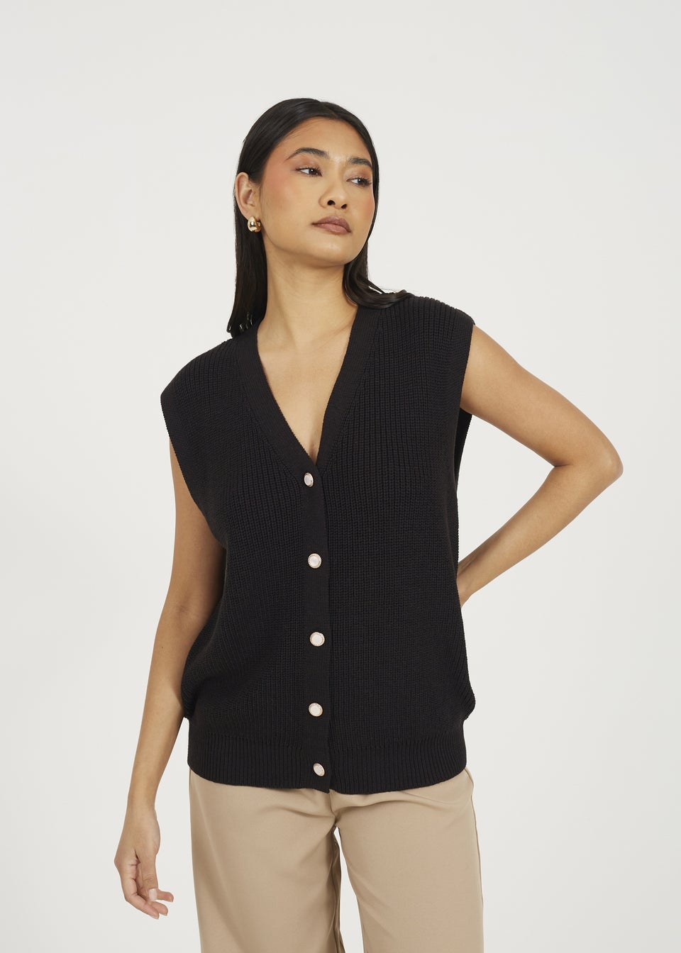 Brave Soul Black V-Neck Fisherman Knit Waistcoat