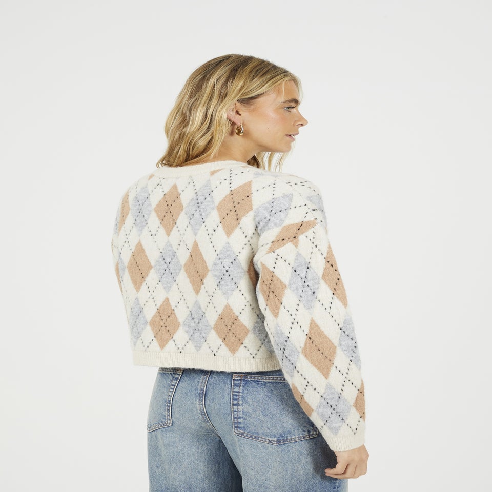 Brave Soul Cream Round Neck Argyle Knit Cardigan