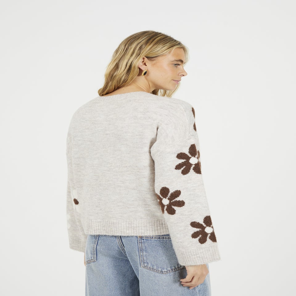 Brave Soul Taupe Floral Jacquard Knit Jumper