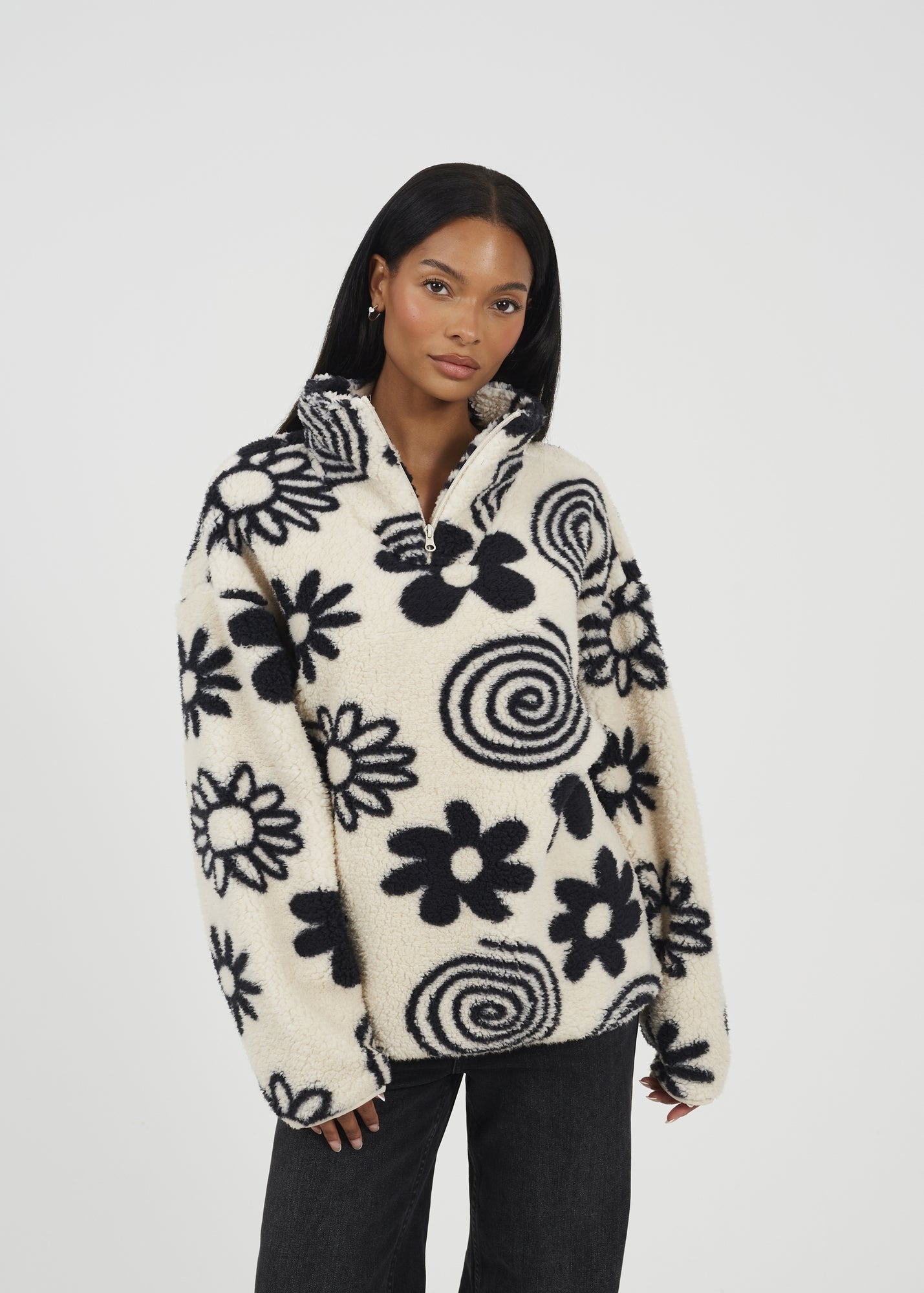 Brave Soul Cream Quarter Zip Flower Print Sherpa Fleece - Matalan