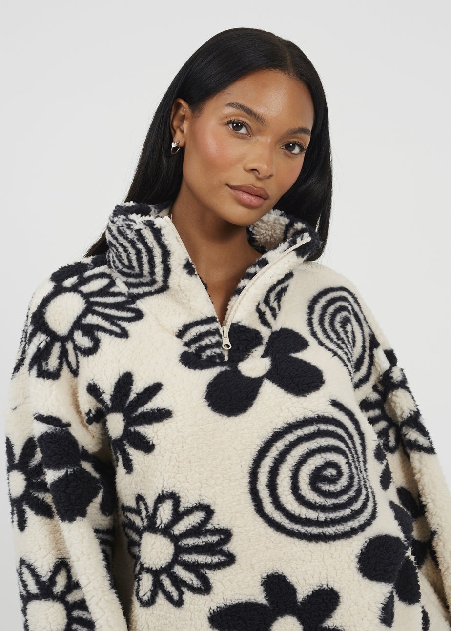 Brave Soul Cream Quarter Zip Flower Print Sherpa Fleece