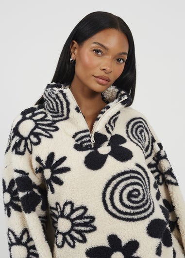 Brave Soul Cream Quarter Zip Flower Print Sherpa Fleece