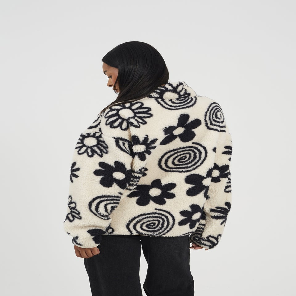 Brave Soul Cream Quarter Zip Flower Print Sherpa Fleece