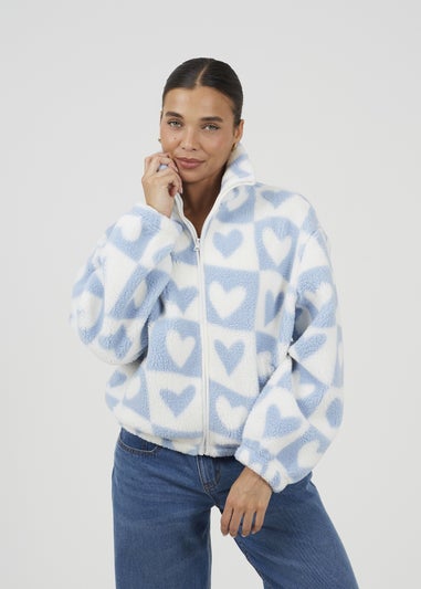 Brave Soul Blue Heart Print Zip Through Sherpa Fleece
