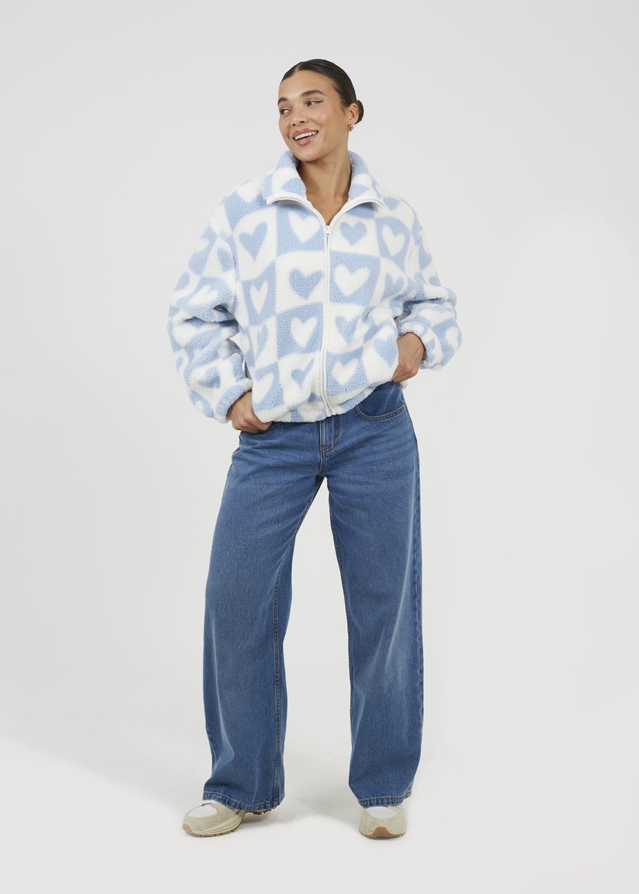 Brave Soul Blue Heart Print Zip Through Sherpa Fleece