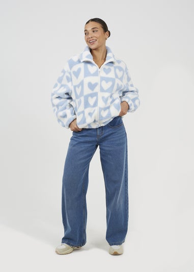 Brave Soul Blue Heart Print Zip Through Sherpa Fleece