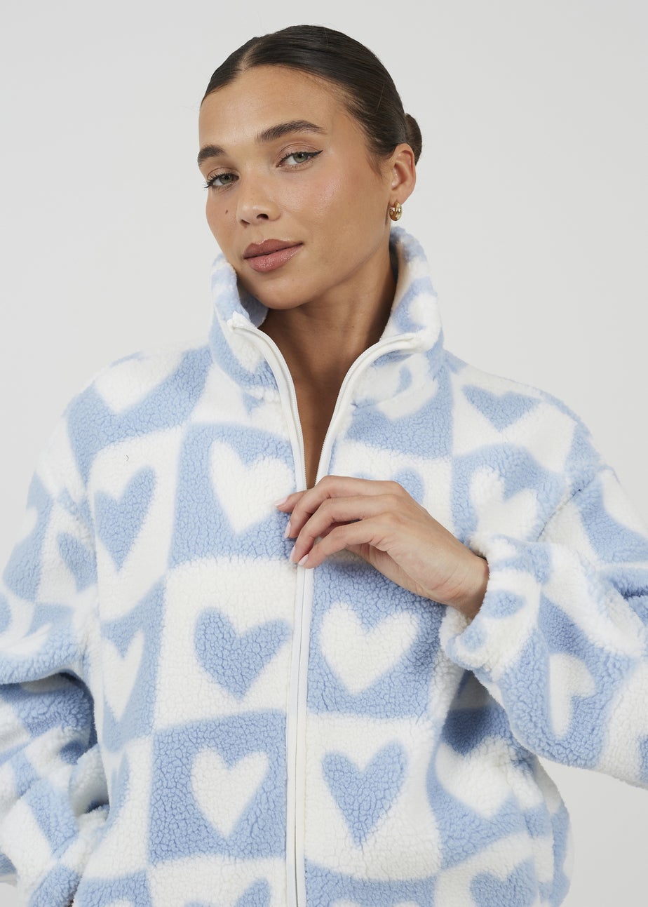 Brave Soul Blue Heart Print Zip Through Sherpa Fleece