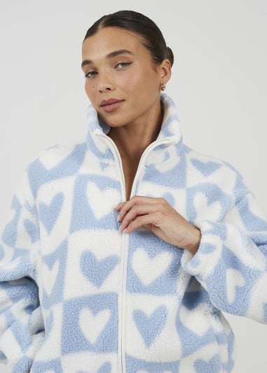 Brave Soul Blue Heart Print Zip Through Sherpa Fleece