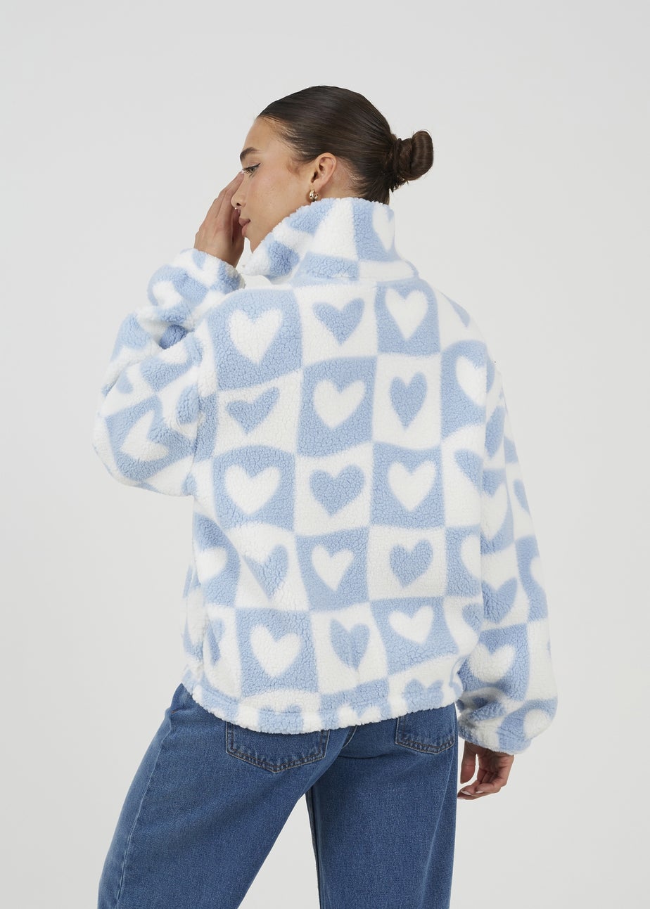 Brave Soul Blue Heart Print Zip Through Sherpa Fleece