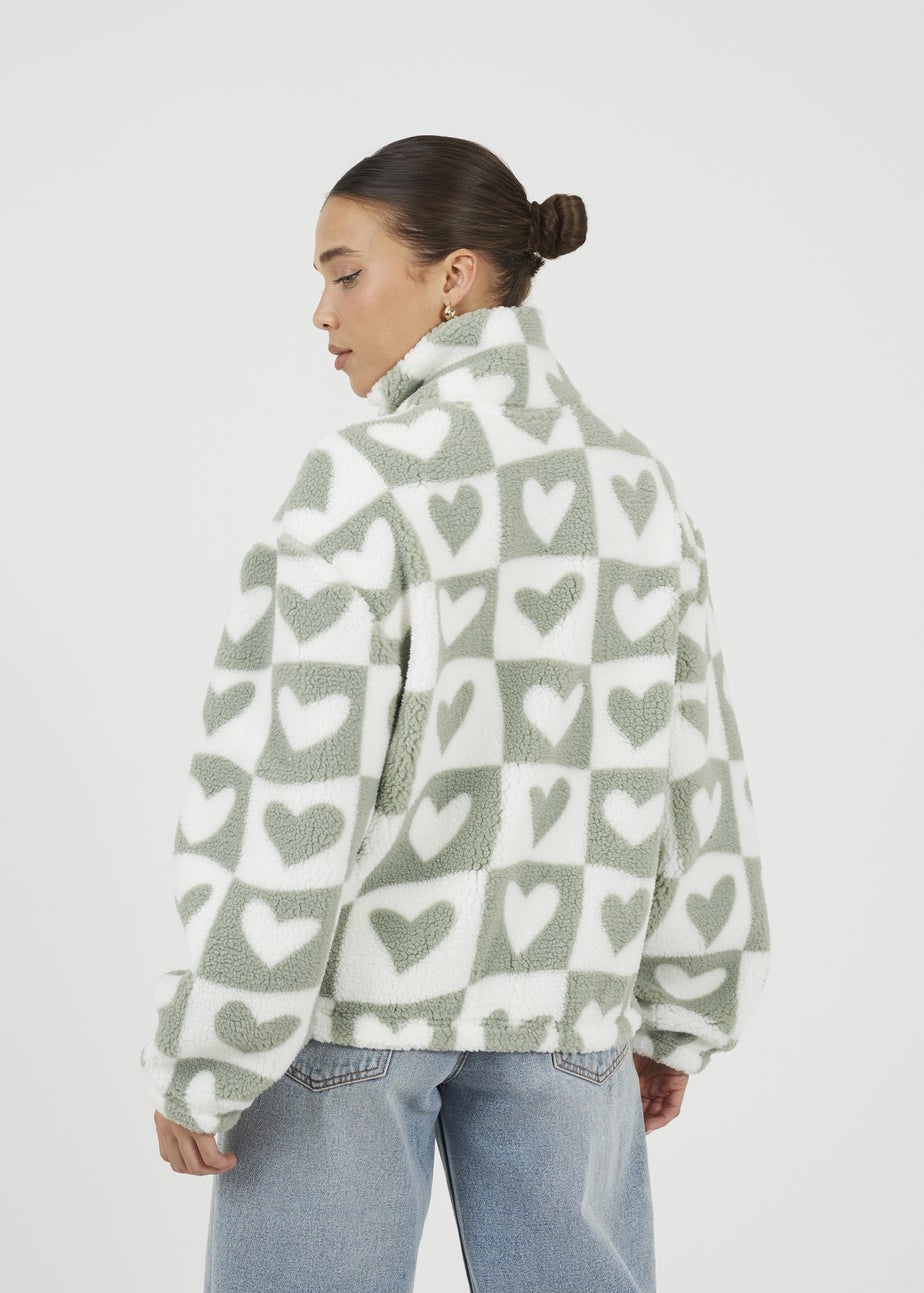 Brave Soul Green Heart Print Zip Through Sherpa Fleece