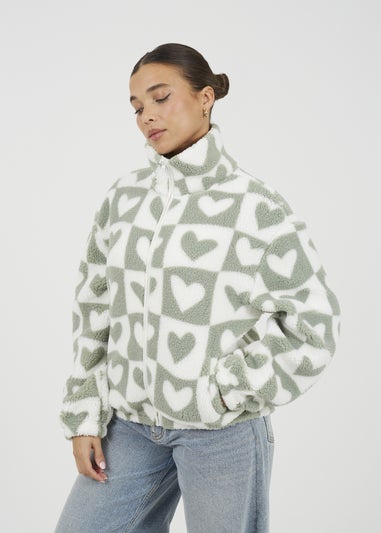 Brave Soul Green Heart Print Zip Through Sherpa Fleece