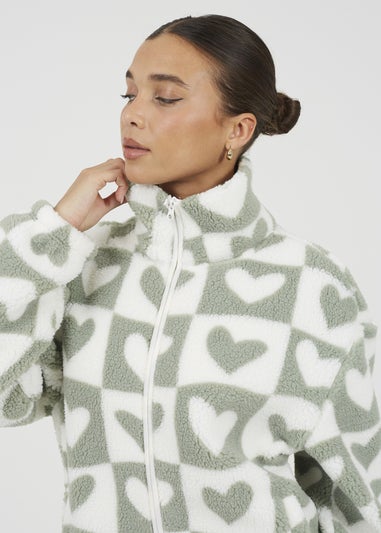 Brave Soul Green Heart Print Zip Through Sherpa Fleece