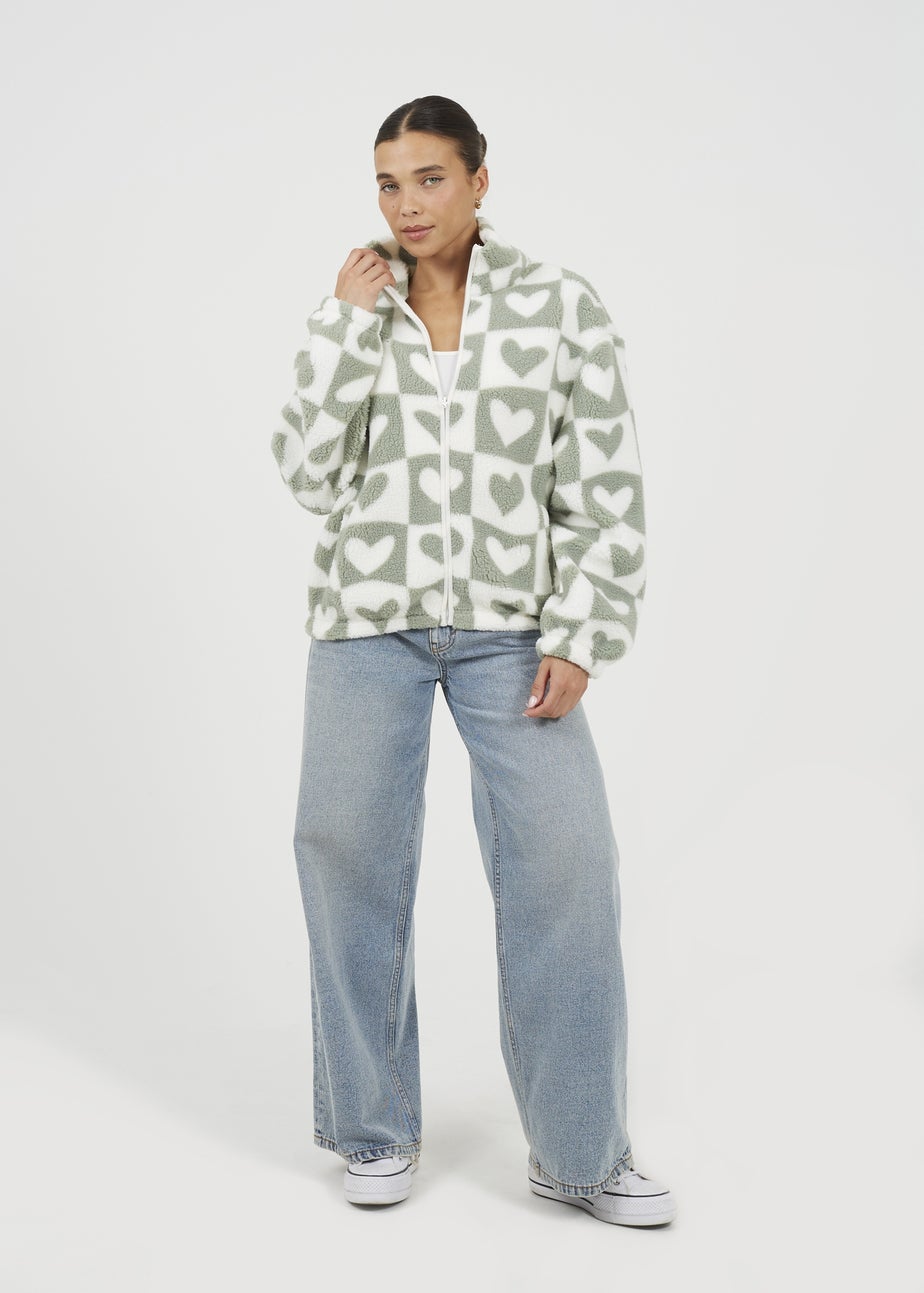 Brave Soul Green Heart Print Zip Through Sherpa Fleece