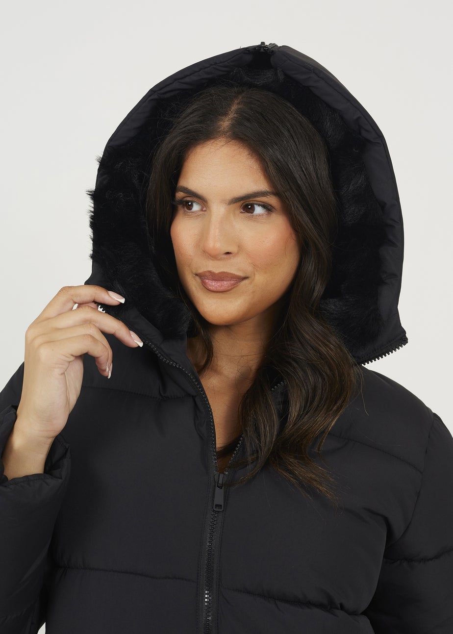 Brave Soul Black Maxi Padded Jacket With Split Hood