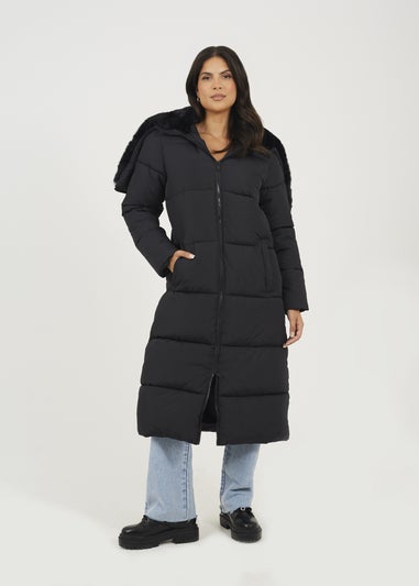 Brave Soul Black Maxi Padded Jacket With Split Hood