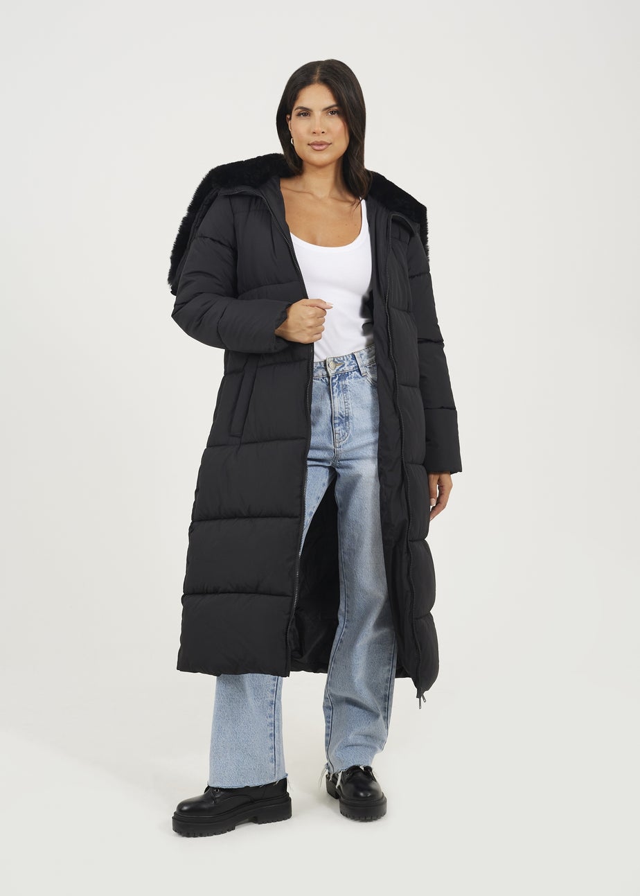 Brave Soul Black Maxi Padded Jacket With Split Hood