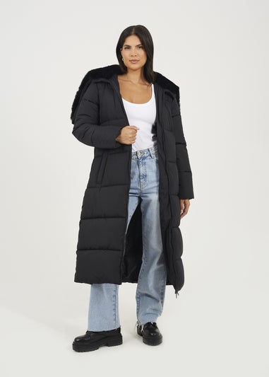 Brave Soul Black Maxi Padded Jacket With Split Hood