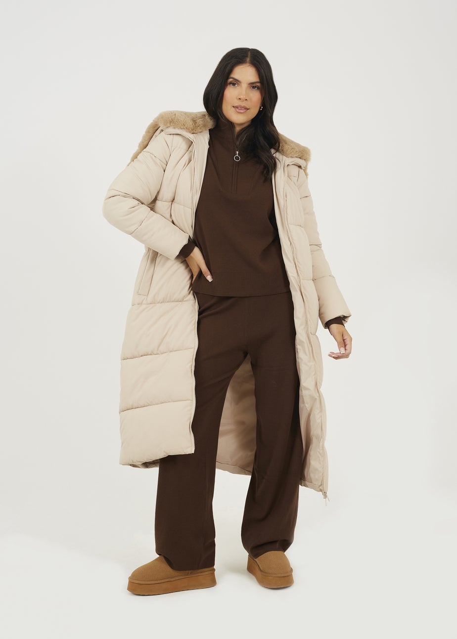 Brave Soul Cream Maxi Padded Jacket With Split Hood
