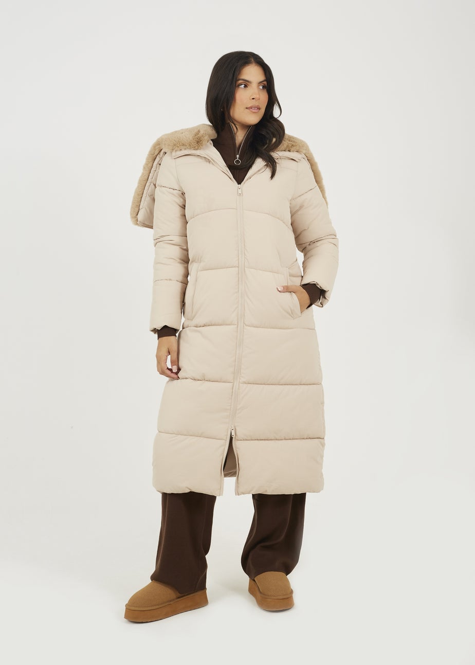 Brave Soul Cream Maxi Padded Jacket With Split Hood