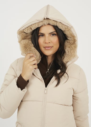 Brave Soul Cream Maxi Padded Jacket With Split Hood