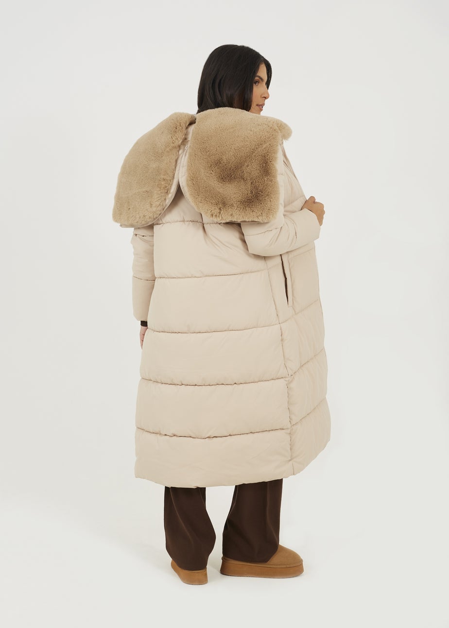 Brave Soul Cream Maxi Padded Jacket With Split Hood