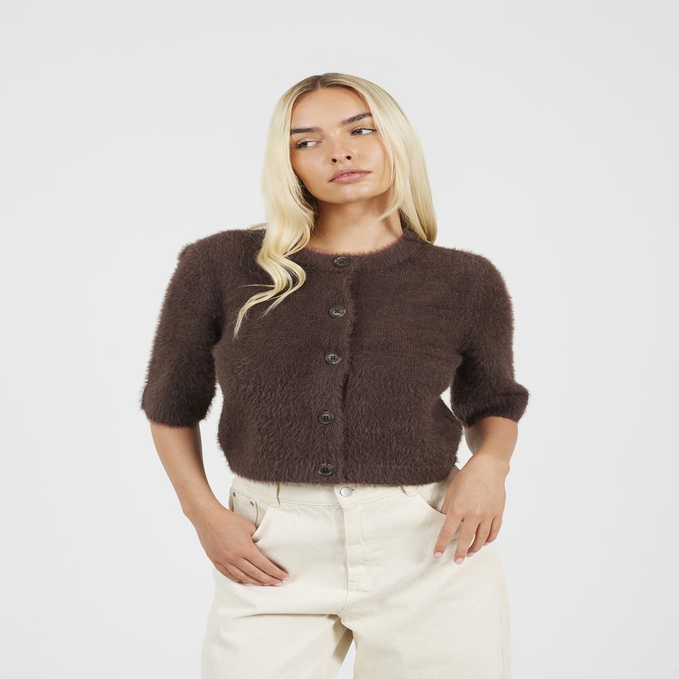 Brave Soul Chocolate Short Sleeve Fluffy Yarn Cardigan