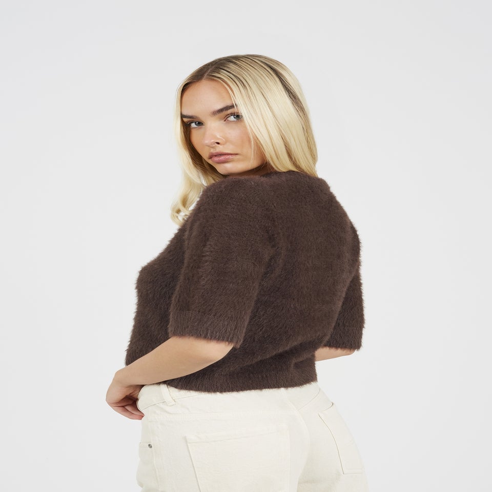 Brave Soul Chocolate Short Sleeve Fluffy Yarn Cardigan