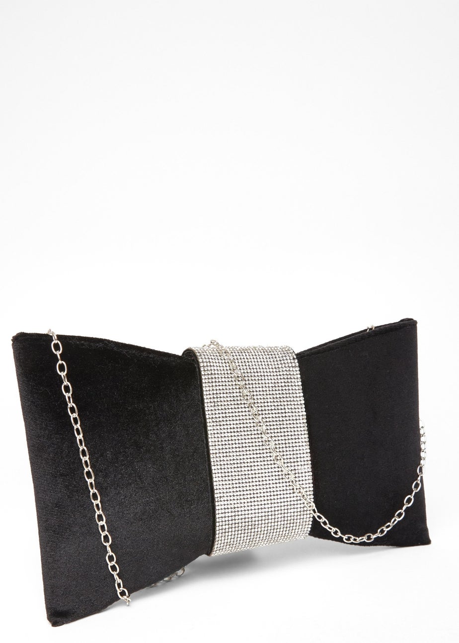 Quiz Black Diamante Bow Clutch Bag