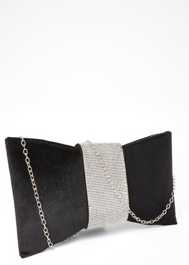 Quiz Black Diamante Bow Clutch Bag