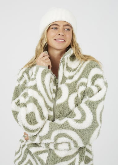 Brave Soul Soft Green Graphic Heart Print Zip Through Sherpa Fleece