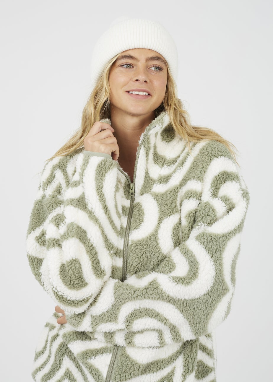 Brave Soul Soft Green Graphic Heart Print Zip Through Sherpa Fleece