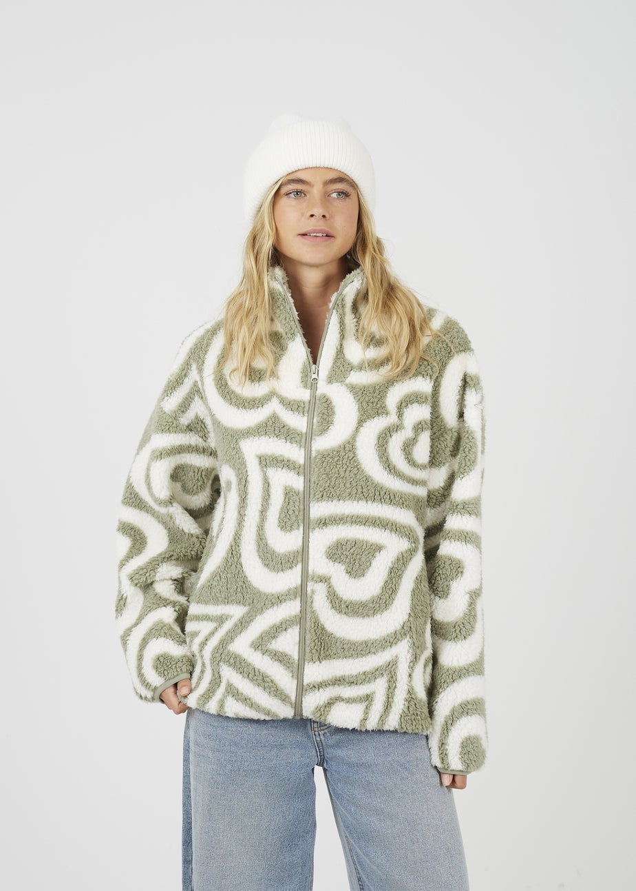 Brave Soul Soft Green Graphic Heart Print Zip Through Sherpa Fleece