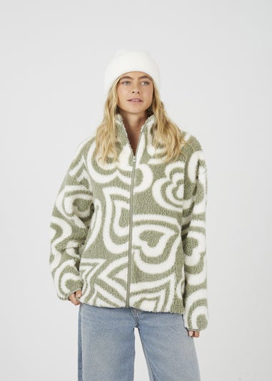 Brave Soul Soft Green Graphic Heart Print Zip Through Sherpa Fleece