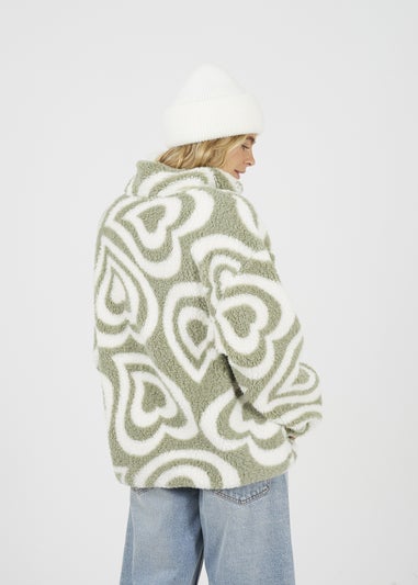 Brave Soul Soft Green Graphic Heart Print Zip Through Sherpa Fleece