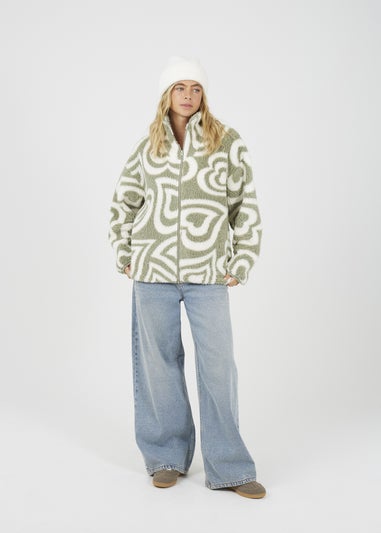 Brave Soul Soft Green Graphic Heart Print Zip Through Sherpa Fleece