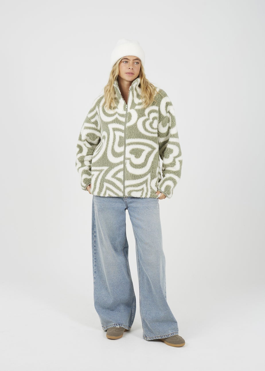 Brave Soul Soft Green Graphic Heart Print Zip Through Sherpa Fleece