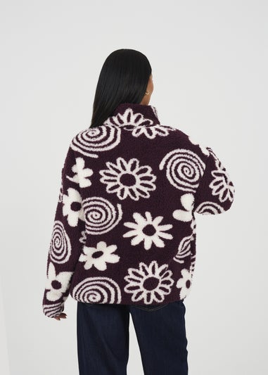 Brave Soul Burgundy Quarter Zip Flower Print Sherpa Fleece