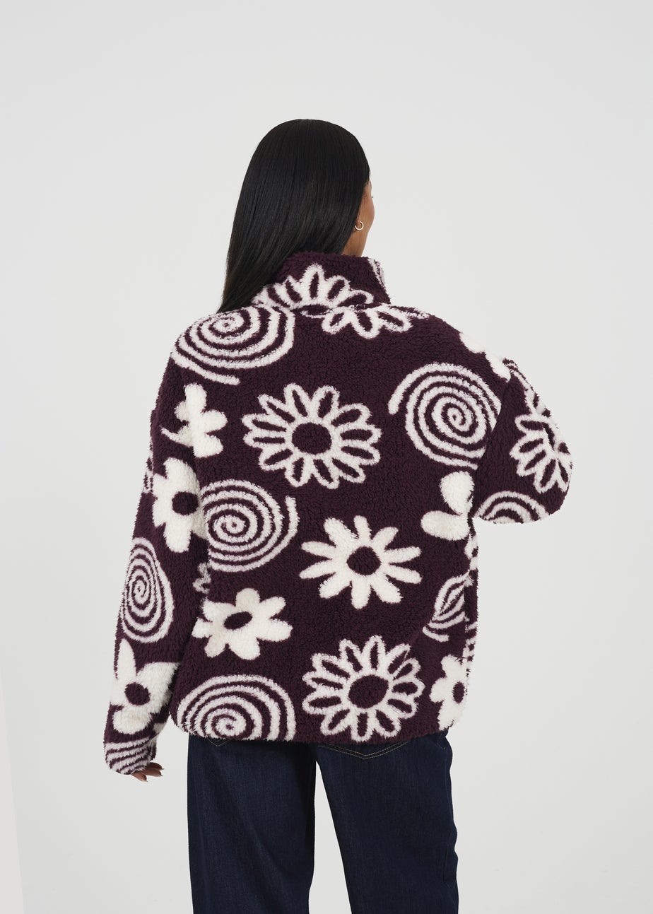Brave Soul Burgundy Quarter Zip Flower Print Sherpa Fleece