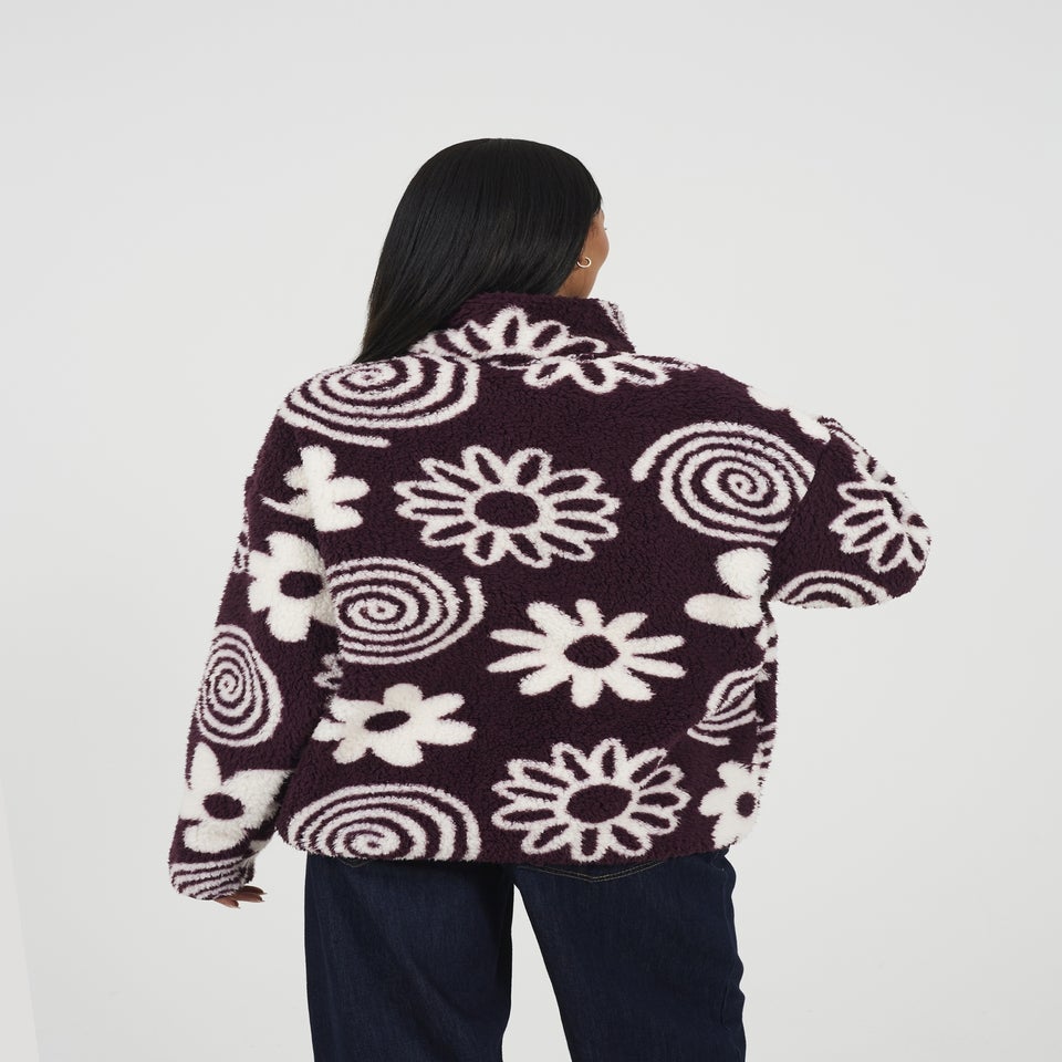 Brave Soul Burgundy Quarter Zip Flower Print Sherpa Fleece