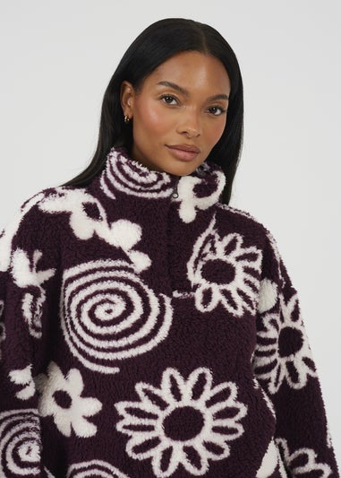 Brave Soul Burgundy Quarter Zip Flower Print Sherpa Fleece
