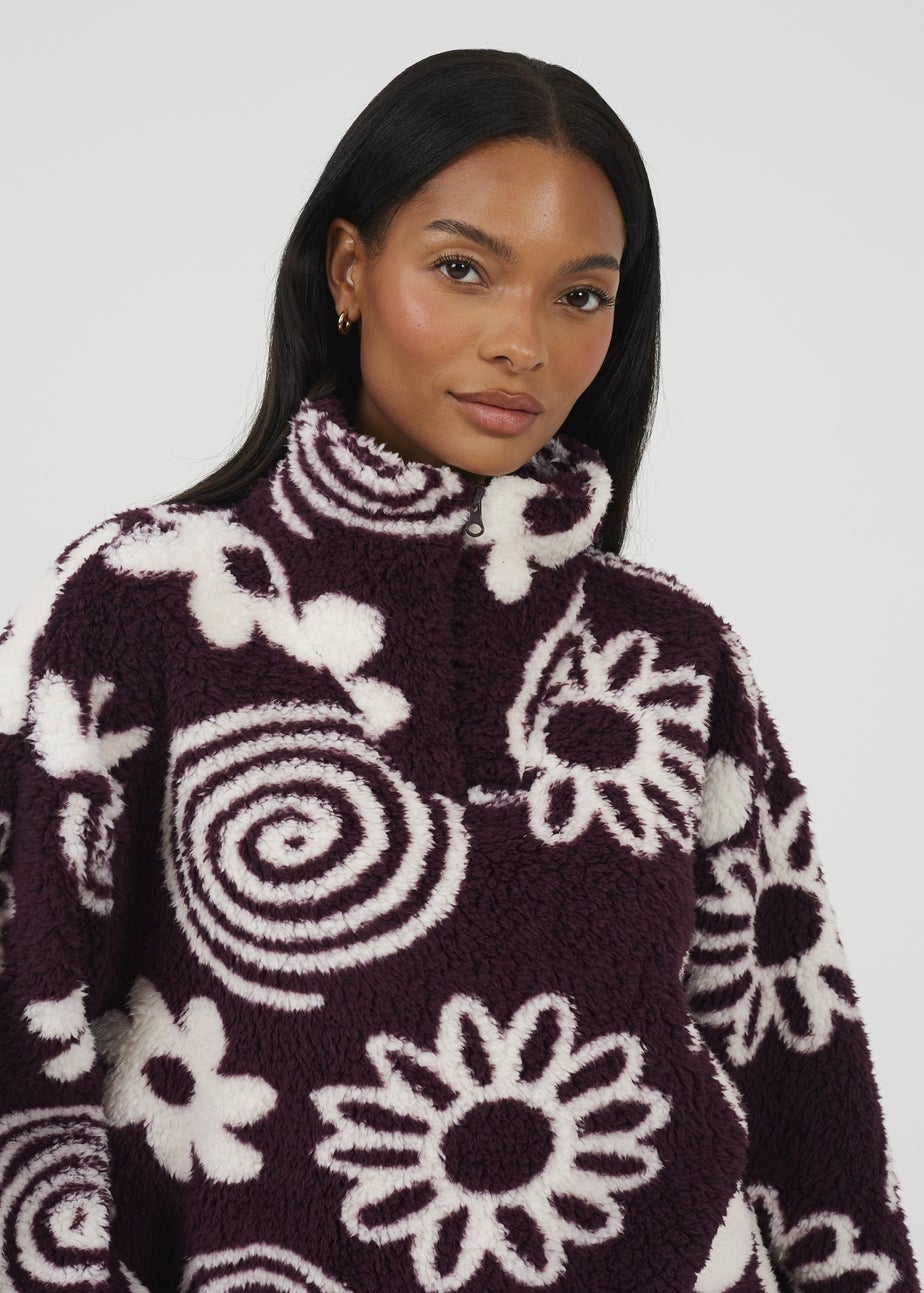 Brave Soul Burgundy Quarter Zip Flower Print Sherpa Fleece