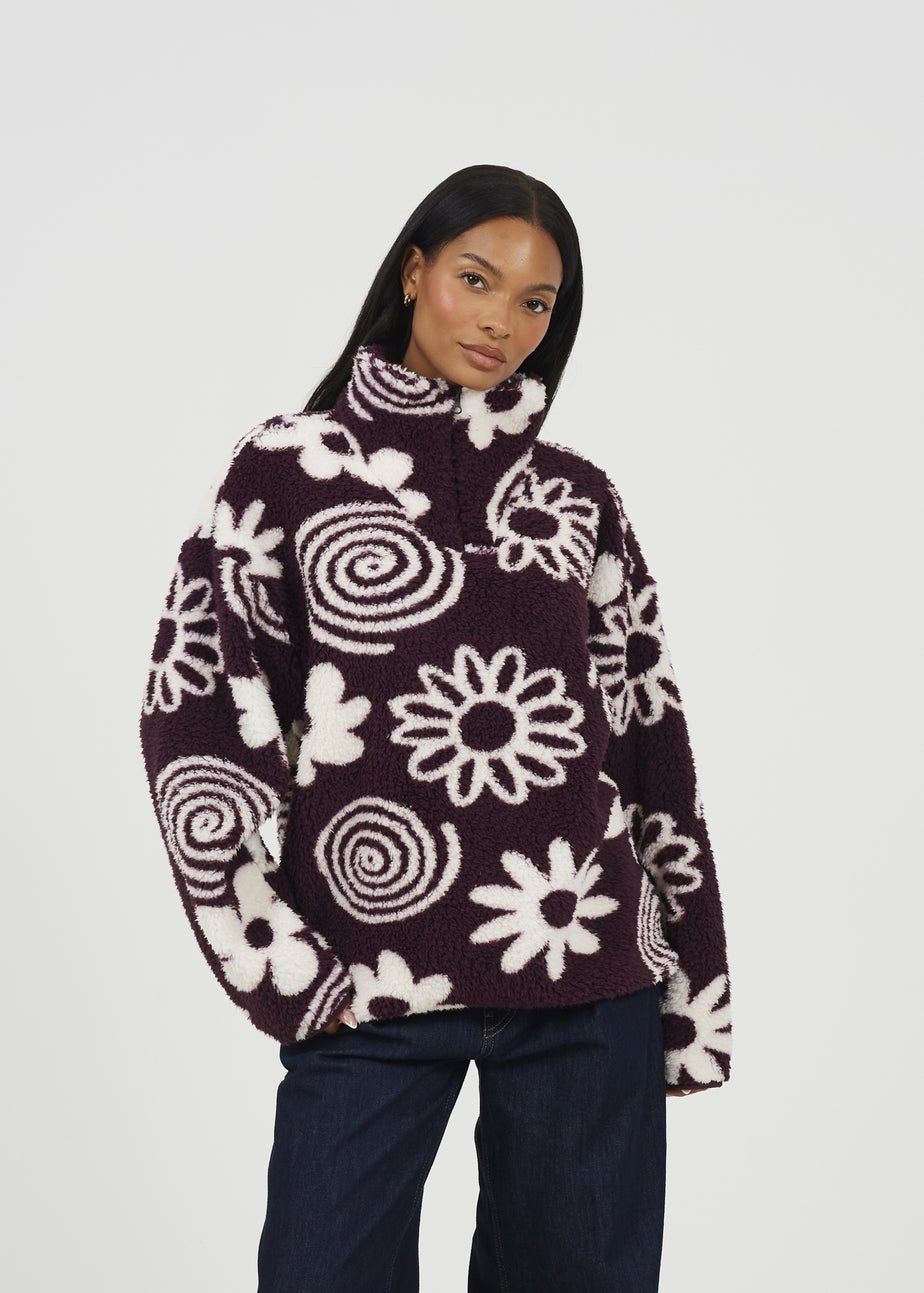 Brave Soul Burgundy Quarter Zip Flower Print Sherpa Fleece