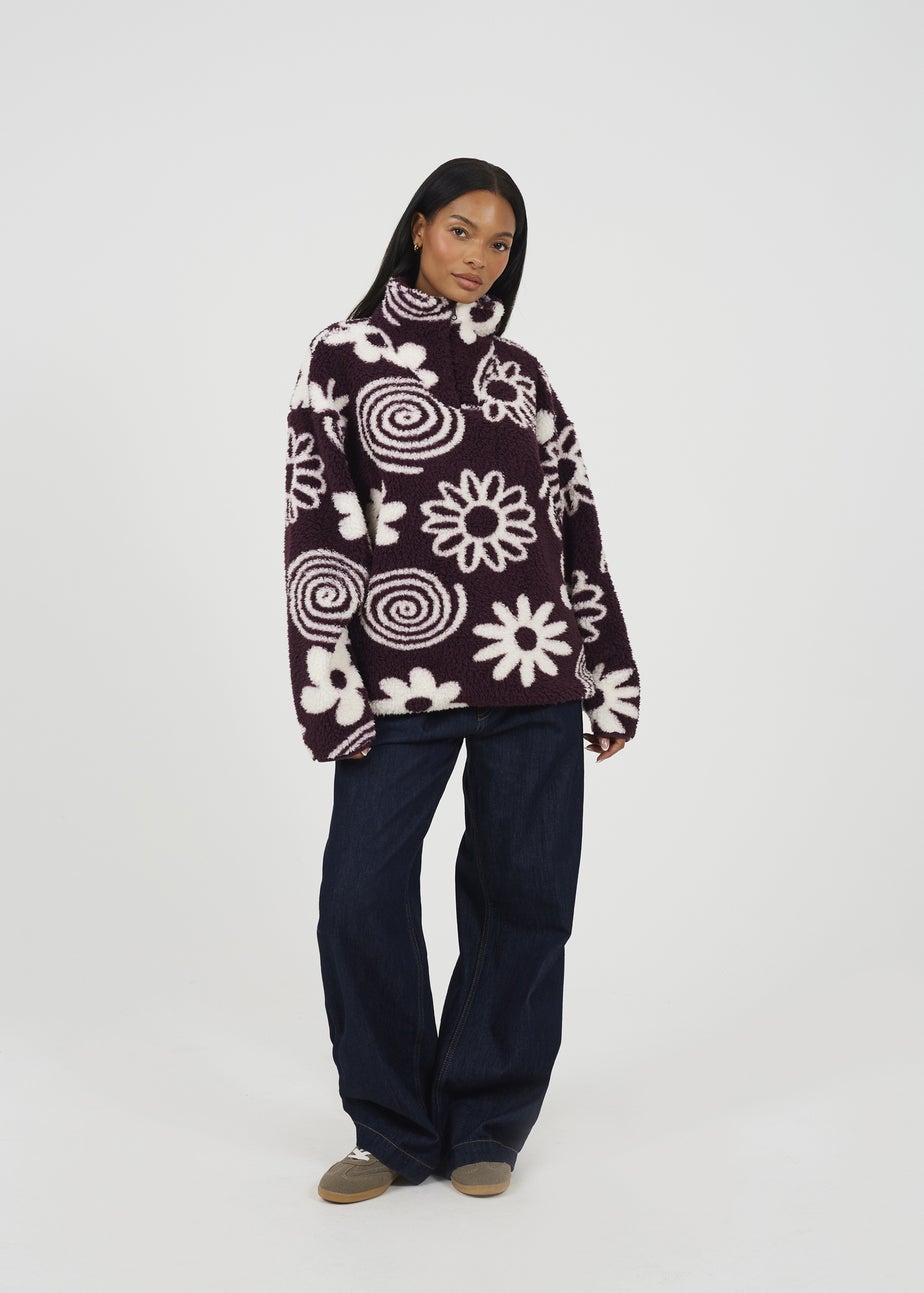 Brave Soul Burgundy Quarter Zip Flower Print Sherpa Fleece