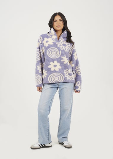 Brave Soul Lilac Quarter Zip Flower Print Sherpa Fleece