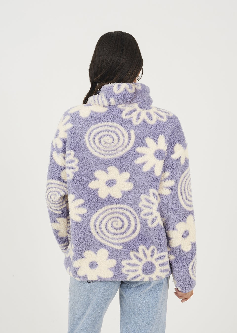Brave Soul Lilac Quarter Zip Flower Print Sherpa Fleece