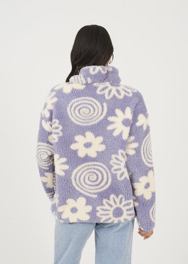 Brave Soul Lilac Quarter Zip Flower Print Sherpa Fleece