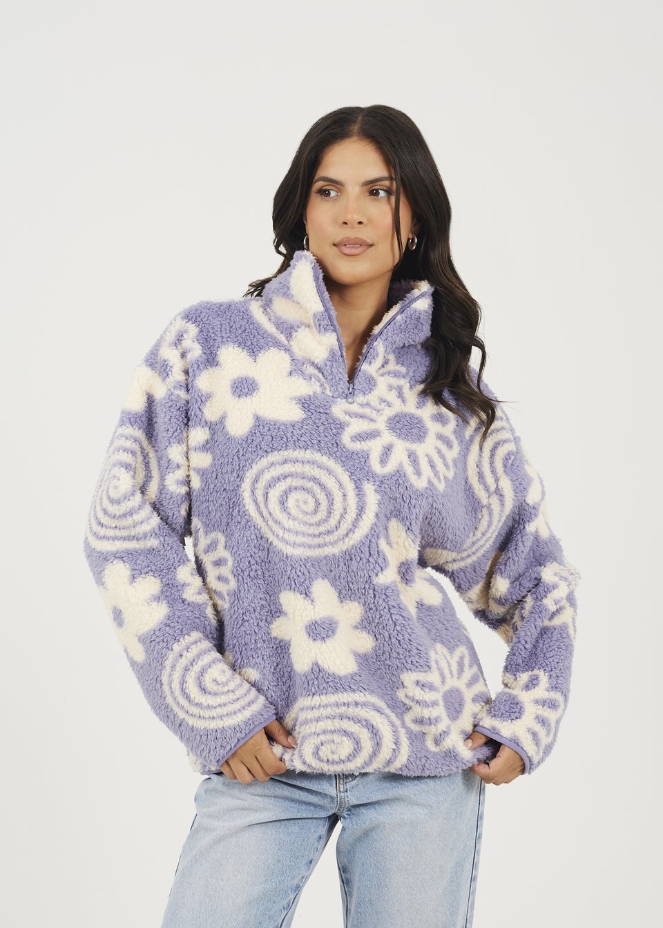Brave Soul Lilac Quarter Zip Flower Print Sherpa Fleece