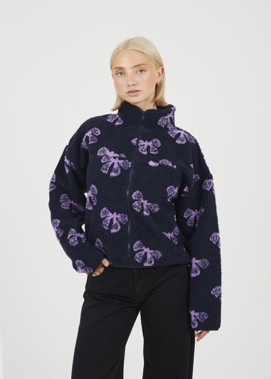 Brave Soul Navy Graphic Bow Print Zip Through Sherpa Fleece