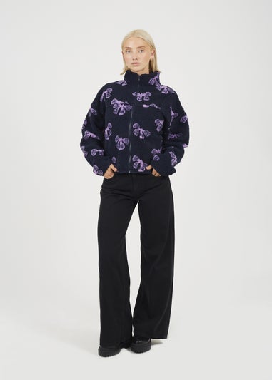 Brave Soul Navy Graphic Bow Print Zip Through Sherpa Fleece